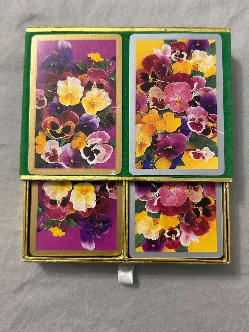 VTG Congress Double Deck Playing Cards Floral Pansies Green Velvet Drawer Box